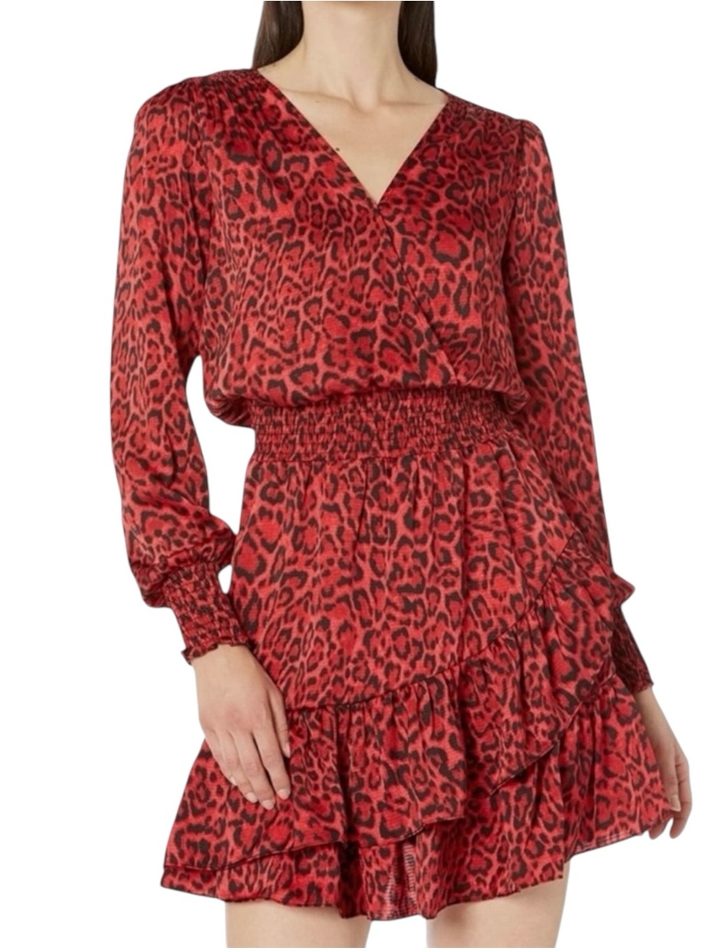 Michael Kors Julia Dress XL Red Leopard Smocked Ruffle NWT - Picture 5 of 15